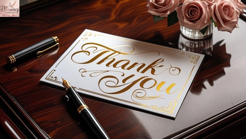 Elegant thank-you card with gold calligraphy on a dark table with floral decor.