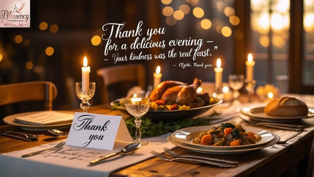 Cozy dinner table setup with candles and handwritten thank-you card — perfect image to express gratitude after a meal.