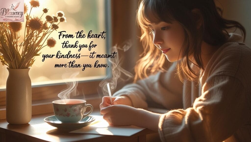 A peaceful moment of someone writing a heartfelt thank-you card with soft light and warm tones — perfect visual for emotional gratitude.
