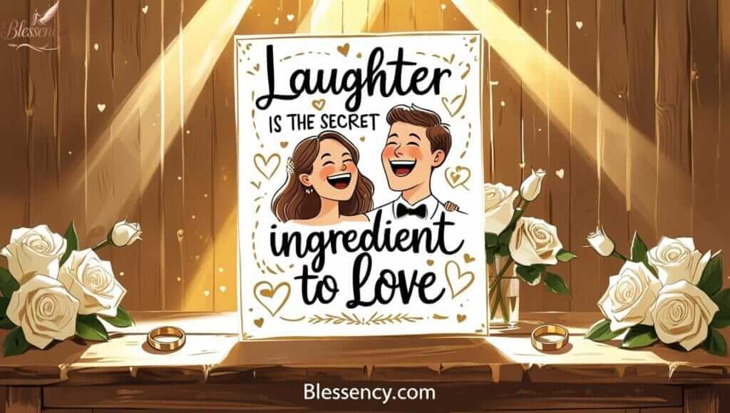“Funny wedding card messages for couples image – rustic card with humor quote, doodles of bride and groom laughing, and overlay text 'Laughter is the secret ingredient to love' – Blessency.com branding. Perfect for funny wedding card ideas and humorous wedding wishes.”
