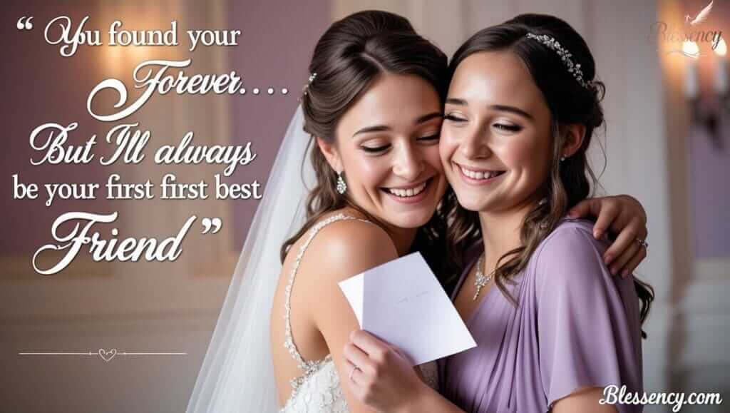 Younger sister giving emotional wedding speech to bride, holding paper with heartfelt smile — a touching moment from little sister wedding speech examples – Blessency.com

