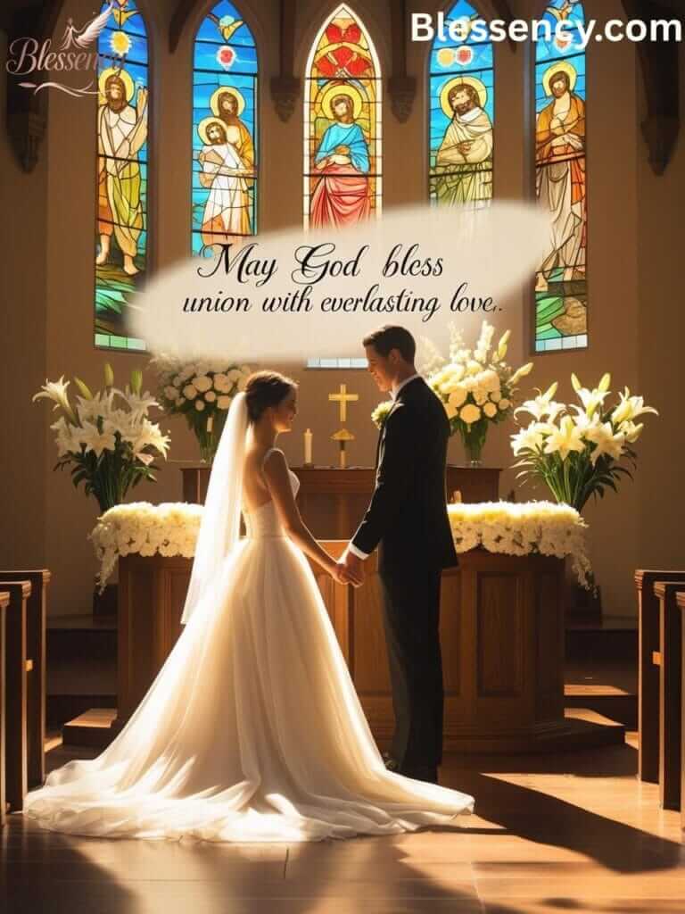 Bride and groom receiving a wedding ceremony blessing in a church with the quote “May God bless your union” — ideal for spiritual and Christian wedding posts.

