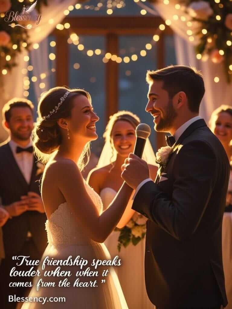 Best friend giving heartfelt wedding speech at reception with emotional expressions — touching wedding speech examples for best friend’s big day.

