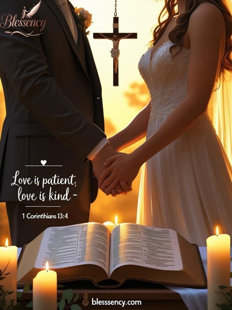 “Christian couple at altar with Bible and cross during wedding blessing ceremony”

