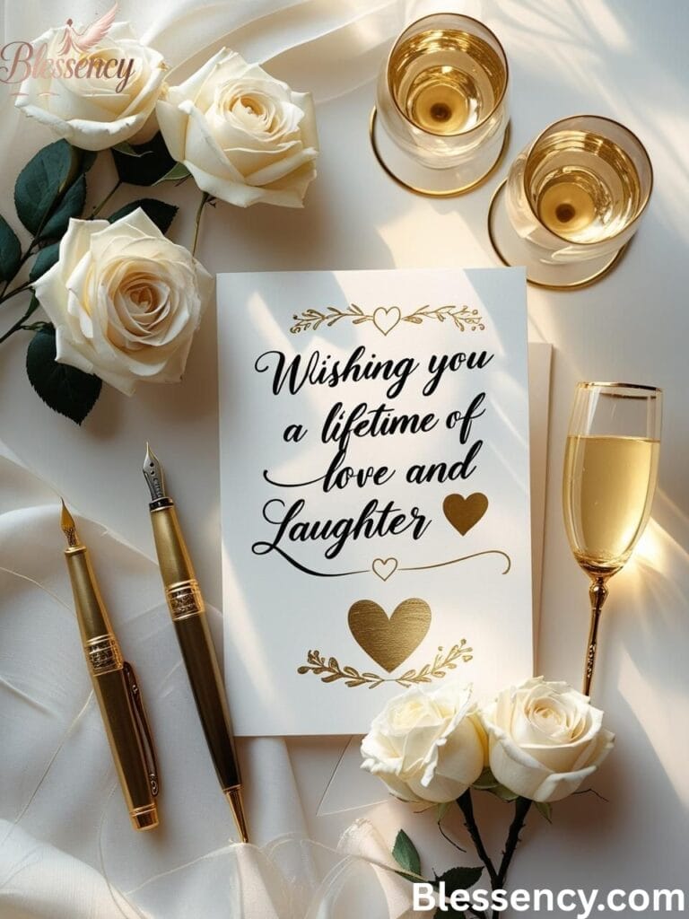 “Handwritten wedding card with short and sweet wedding blessing s and happy wedding blessings beside flowers and champagne”
