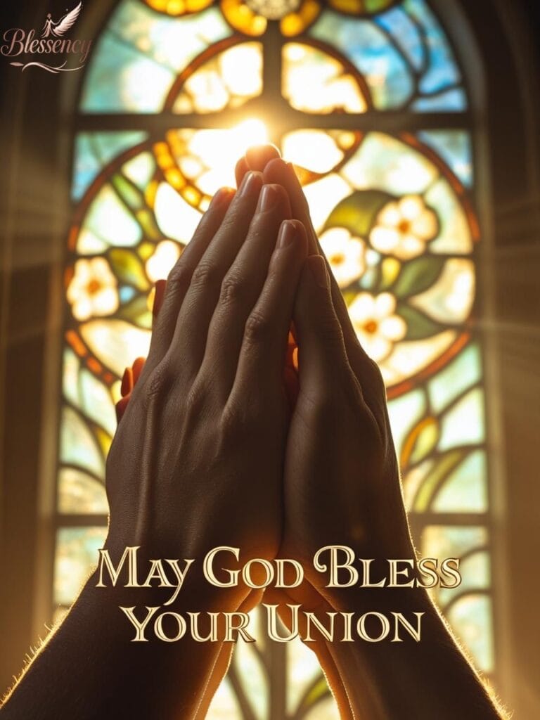 Prayerful couple holding hands under golden light with text 'May God Bless Your Union' — spiritual Christian wedding blessing image.

