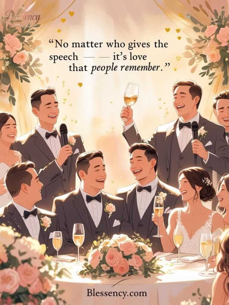 Emotional wedding reception where dad, best man, and officiant deliver heartfelt speeches — perfect inspiration for wedding speech examples – Blessency.com

