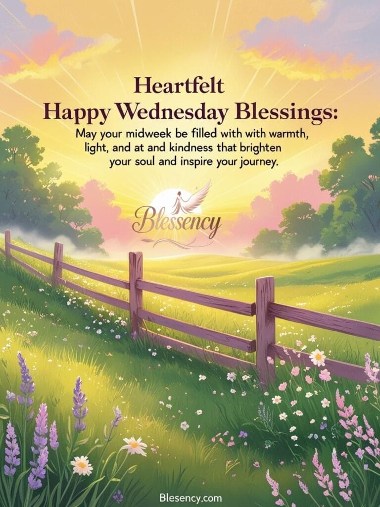 “Heartfelt Happy Wednesday Blessings image with radiant sunrise, lush meadow, uplifting text overlay, and Blessency.com watermark to brighten midweek for social sharing.”

