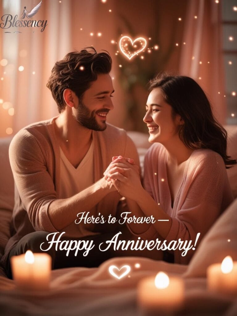 "Happy Anniversary Blessings to Celebrate Love and Togetherness with emotional message overlay and romantic background"