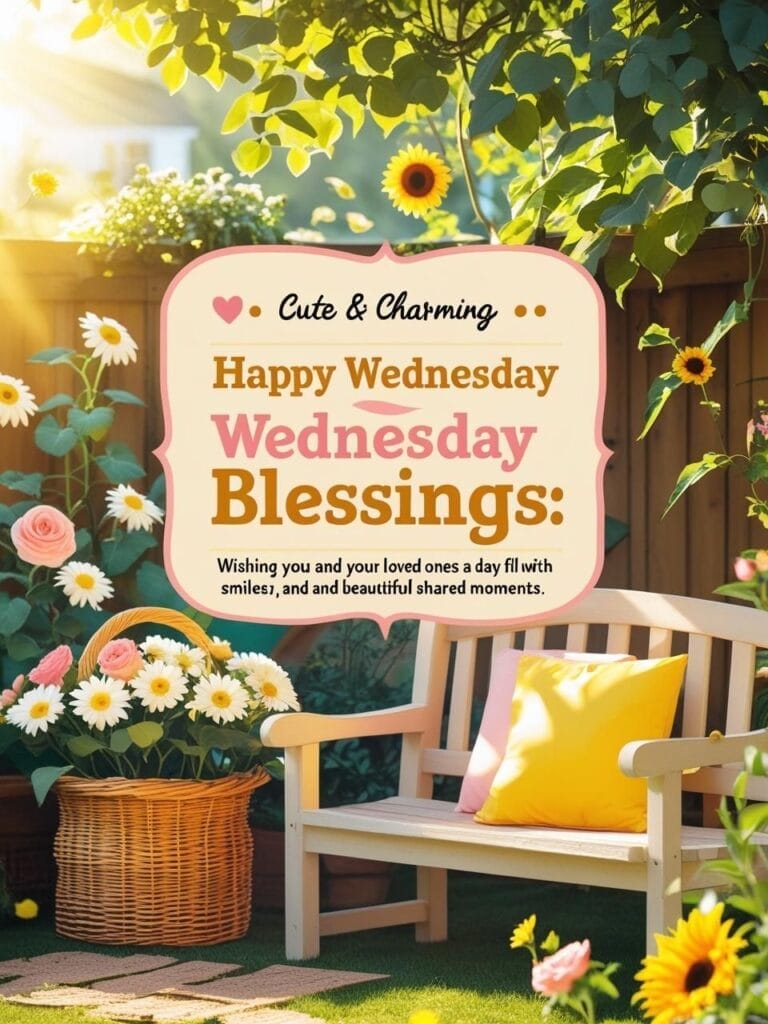 “Cute & Charming Happy Wednesday Blessings image with cozy garden, colorful flowers, friendly text overlay, and Blessency.com watermark for family and friends.”


