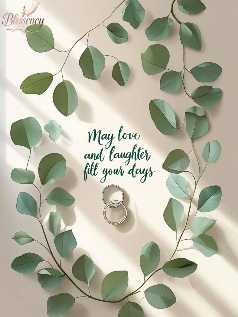 Simple wedding blessing image with greenery, rings, and message overlay “May love and laughter fill your days” — perfect for wedding card or Pinterest pin.

