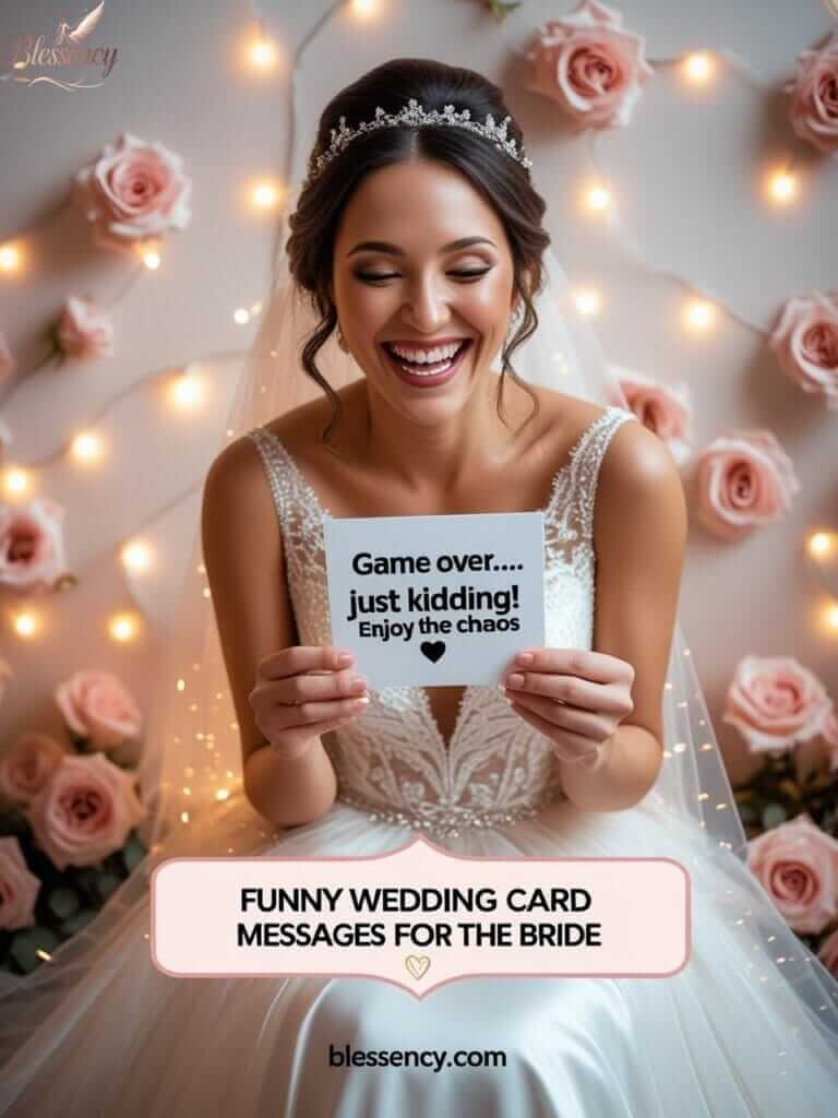 "Funny wedding card message for bride – image of a bride laughing at a humorous card that reads ‘Game over… Just kidding! Enjoy the chaos 😄’. Background with soft lights and roses. Text overlay: ‘Funny Wedding Messages for the Bride – Blessency.com’. Perfect for writing funny wedding notes to your bestie or sister."

