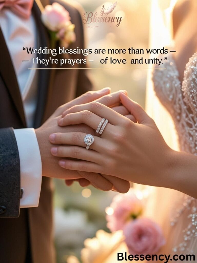 “Bride and groom holding hands with wedding rings, symbolizing wedding blessings and unity”

