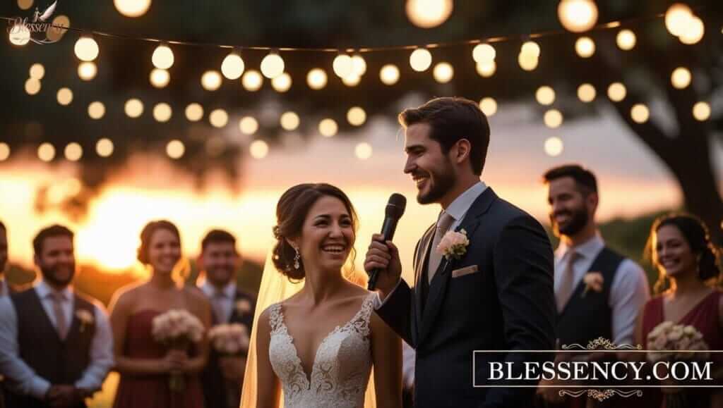 Best friend giving emotional wedding speech to bride and groom under sunset lights — heartfelt, funny, and loving Wedding Speech Examples for Best Friends
