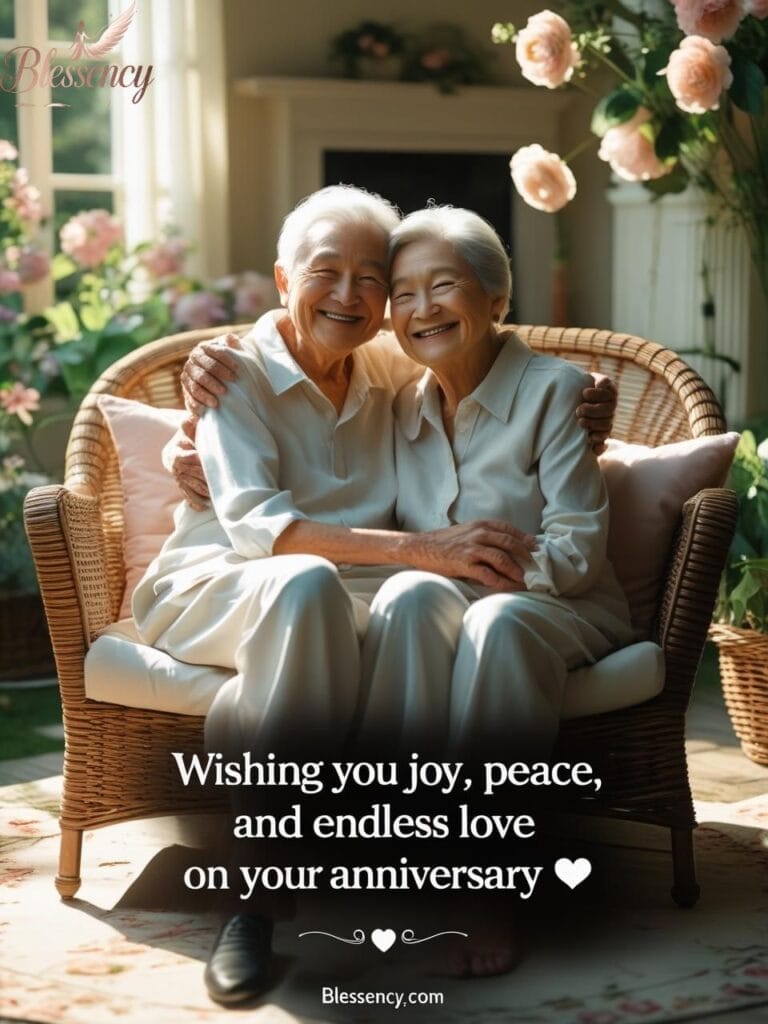 "Happy anniversary prayers for relatives with heartfelt message overlay and blessency.com branding"

