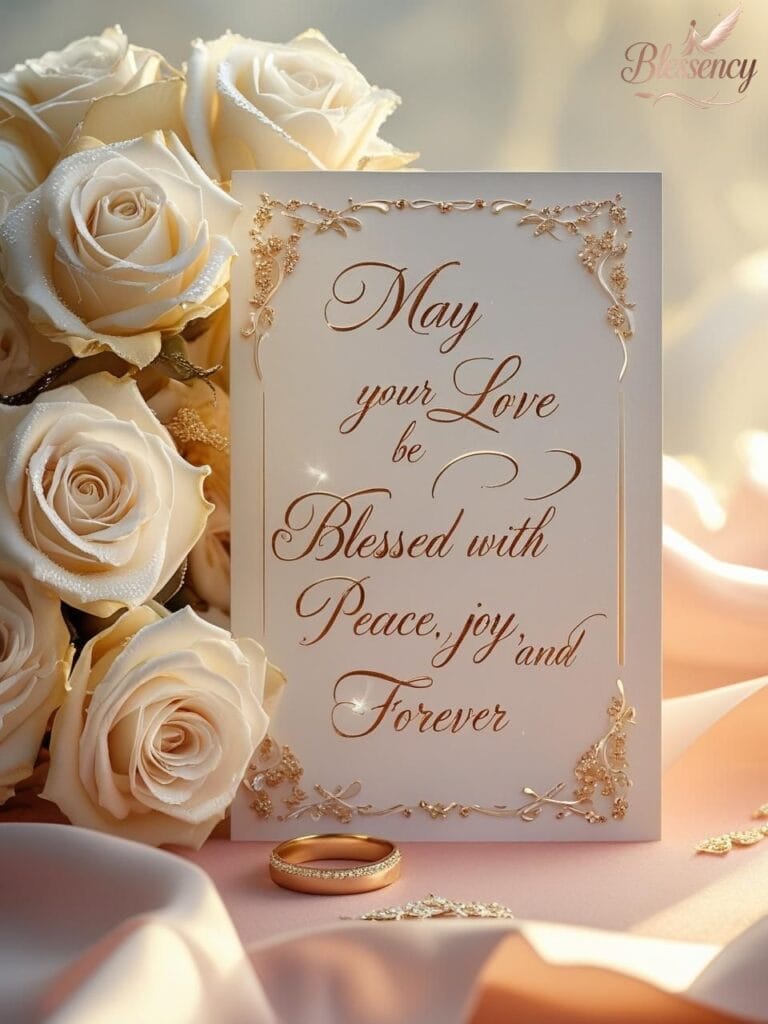 Wedding blessing card with white roses and rings — emotional message overlay “May your love be blessed with peace and joy” — perfect for wedding prayer visuals.

