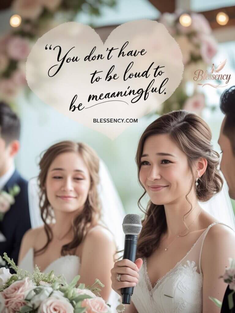 Reserved best friend delivering a quiet, emotional wedding speech — heartfelt wedding speech example for introverted or shy best friend.

