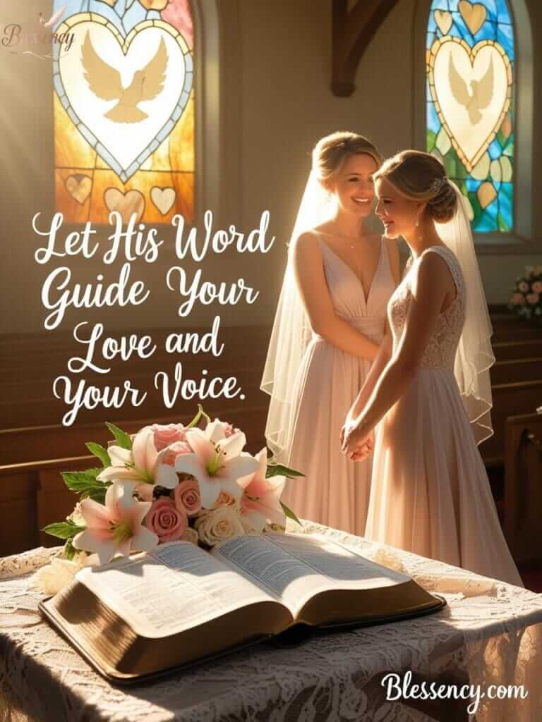 Maid of Honor standing beside the bride in a softly lit chapel with an open Bible and pastel bouquet — a touching moment that captures faith, love, and guidance, ideal for choosing the right Bible verses for your Maid of Honor speech.

