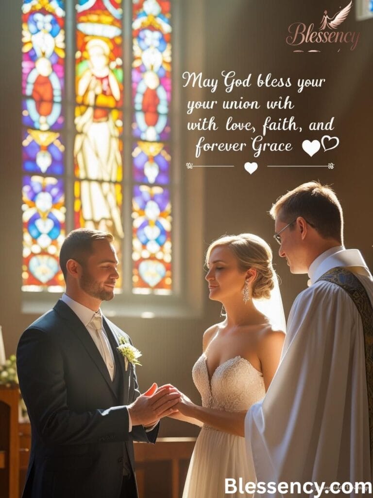 “Bride and groom receiving religious wedding blessing during church ceremony”

