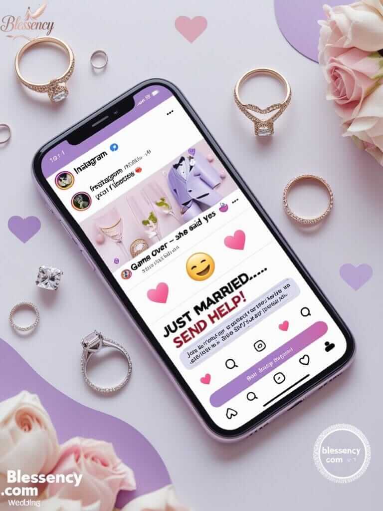 "Shareable funny wedding messages designed for social media posts. Includes humorous captions like 'Game Over – She Said Yes 😂' and 'Send Help – Just Married'. Overlay text says 'Funny Wedding Messages – Made for Sharing – Blessency.com'. Perfect for Instagram captions, viral wedding content, and social engagement."

