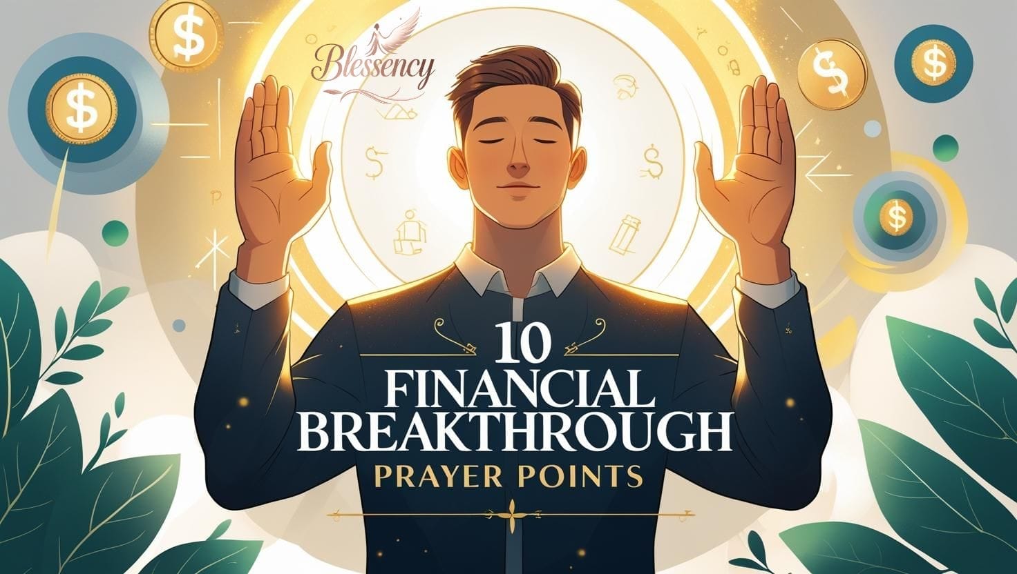 "10 Financial Breakthrough Prayer Points – thank God for your source of income, divine favor, contentment and patience, wisdom to manage your finances, financial blessings, good health and long life – spiritual prayer guide image for blog on blessency.com"