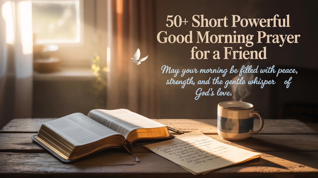 “Beautiful sunrise Christian image with Bible, coffee mug, and golden light — symbolizing peace and strength in short powerful good morning prayer for a friend.”