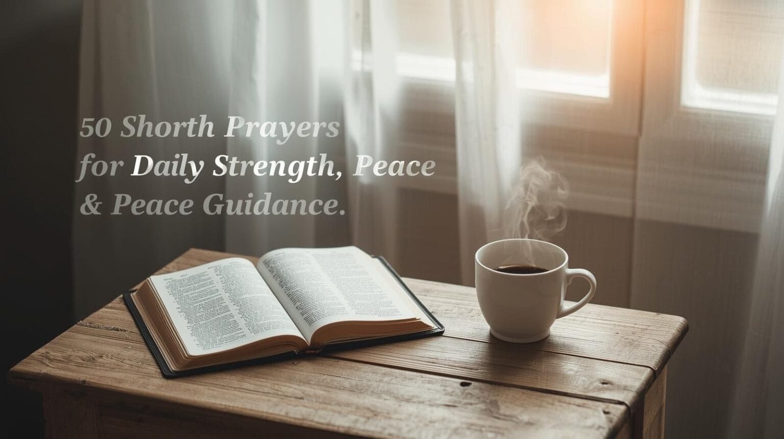 “peaceful morning short prayer scene with bible and coffee cup for short daily prayer and spiritual reflection”