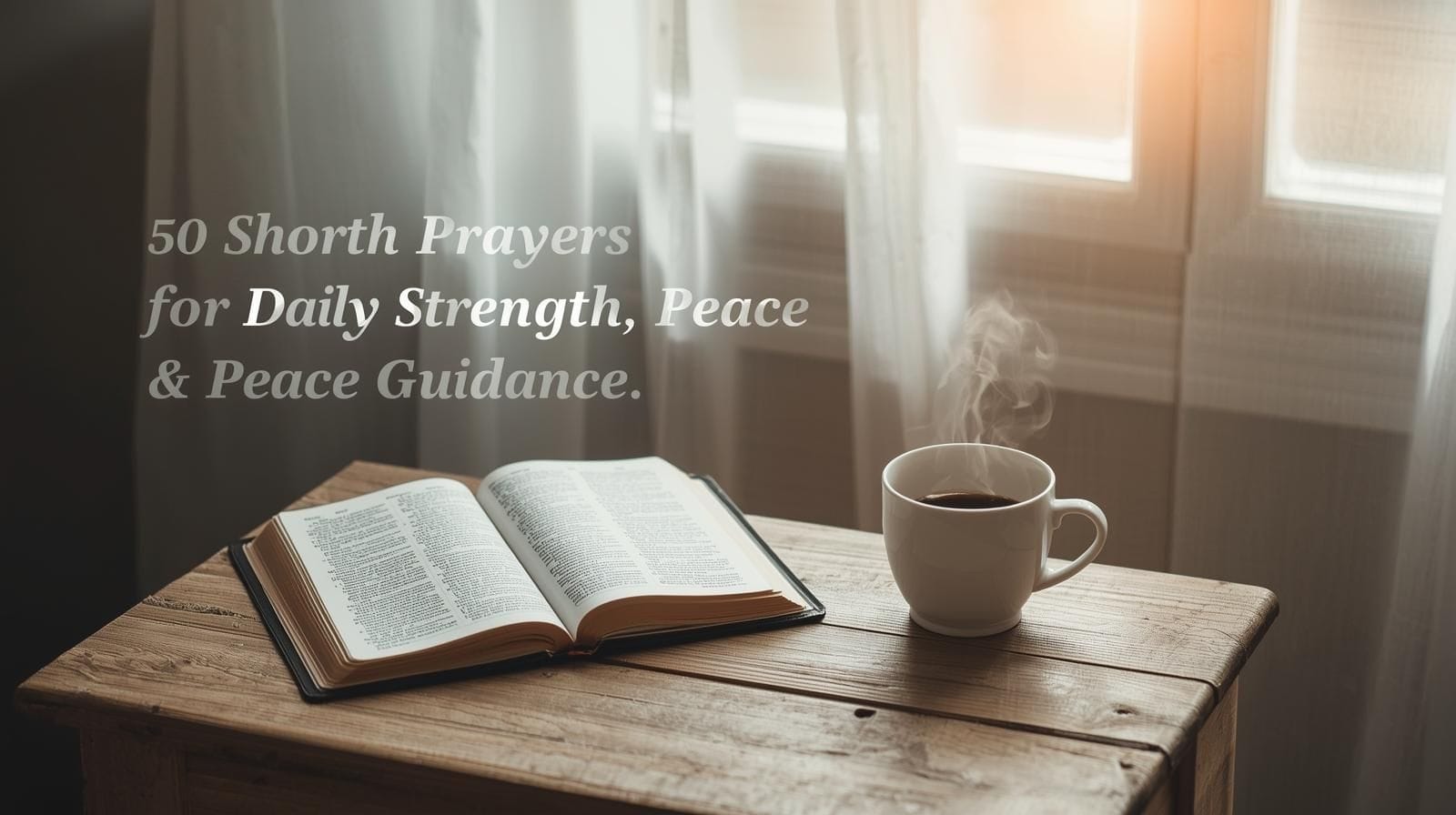 “peaceful morning short prayer scene with bible and coffee cup for short daily prayer and spiritual reflection”