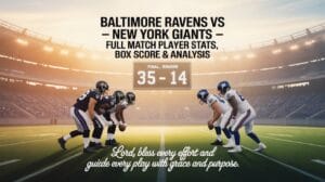 Baltimore Ravens vs New York Giants full match player stats and official box score — final score Ravens 35–14, spiritual football analysis image with golden stadium lighting.