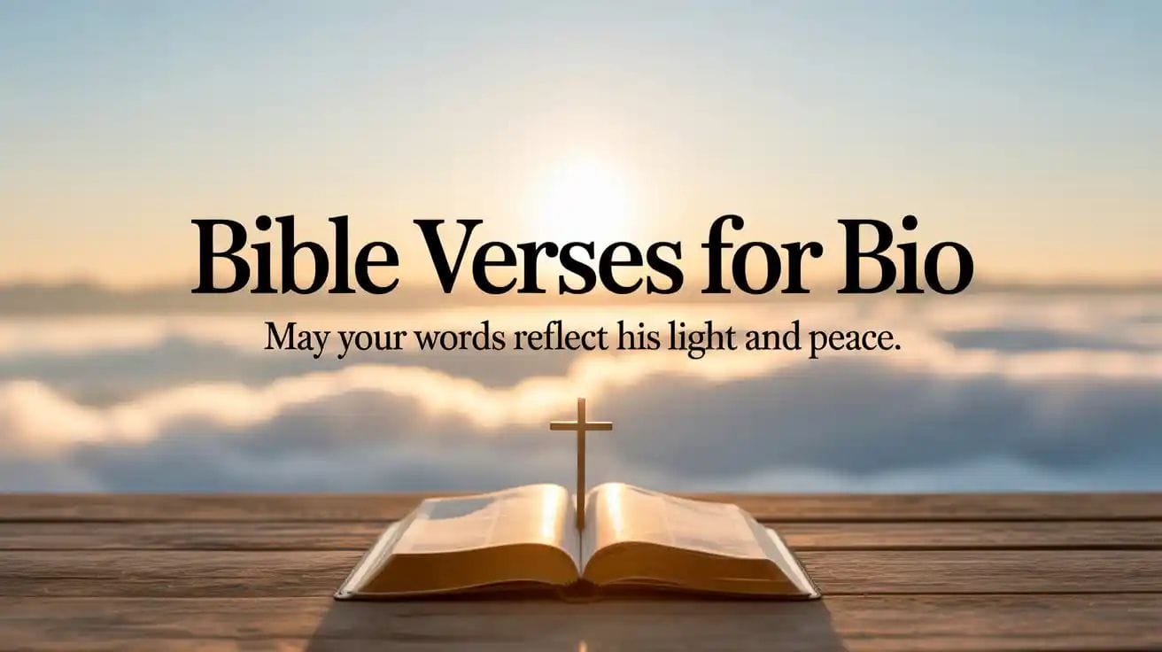Peaceful Christian-themed image with sunrise, open Bible, and elegant title “Bible Verses for Bio” for Instagram, Twitter, LinkedIn, and WhatsApp bios.