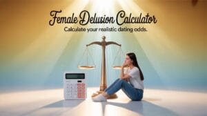 Realistic spiritual image of a woman reflecting on love using the Female Delusion Calculator, symbolizing truth, dating expectations, and emotional clarity.