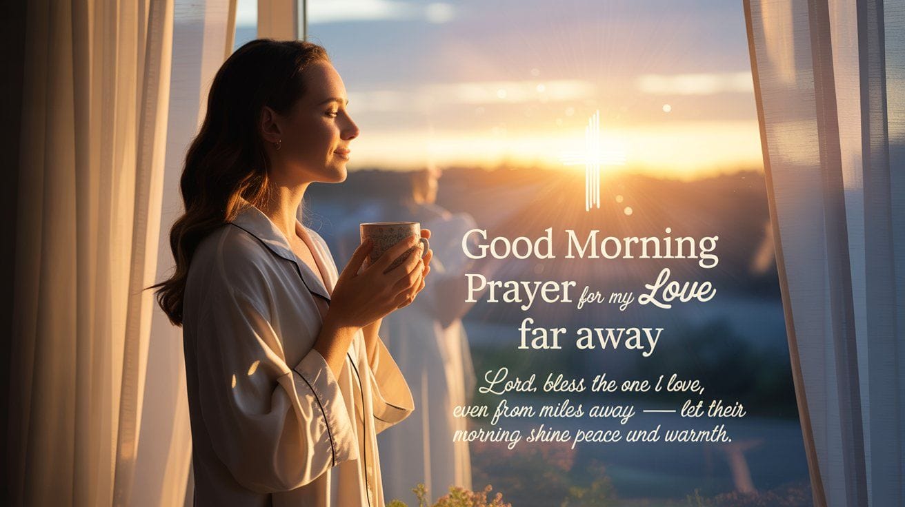 “Peaceful sunrise Christian image with a woman praying by the window — Good Morning Prayer for My Love Far Away, romantic spiritual morning blessing across distance.”